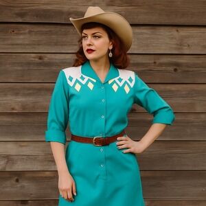 Vintage 80s Petites by Willi Western Dress 6P Teal White Diamond Yoke Rodeo